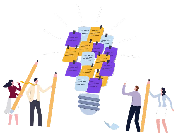 A team building ideas together, represented as a lightbulb made of sticky notes