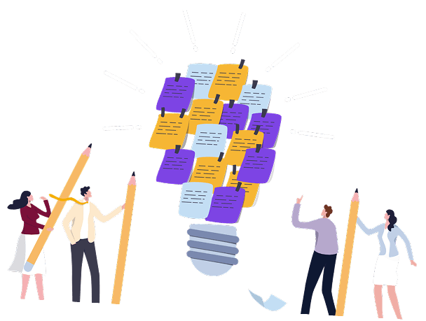 A team building ideas together, represented as a lightbulb made of sticky notes